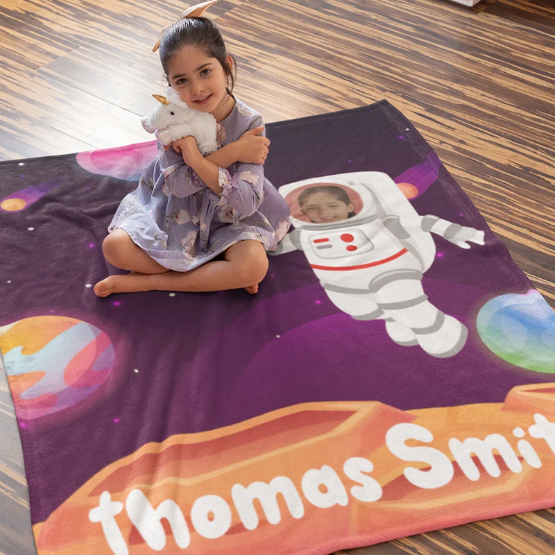 Personalized Planet Galaxy Fleece Blanket with Astronaut Avatar Universe Theme Home Decoration Birthday Gift for Kids Space Fans for Geek Lovers