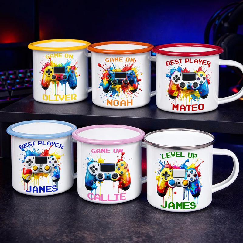 Personalized Watercolor Ink Splash Gamepad 12 oz Colored Rim Enamel Mug with Name Daily Use Birthday Gift for Kids for Geek Game Lovers