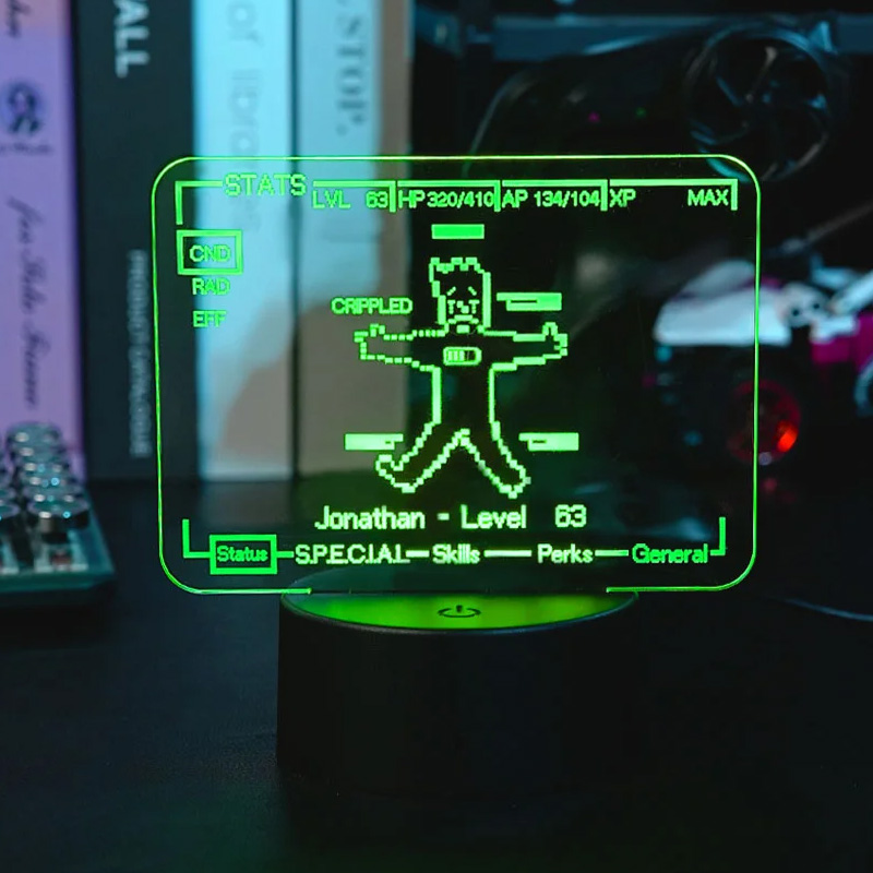 Personalized Cartoon Game Pixel Man Stat Screen Acrylic LED Night Light with Name Room Decor Birthday Gift for Geek Lover