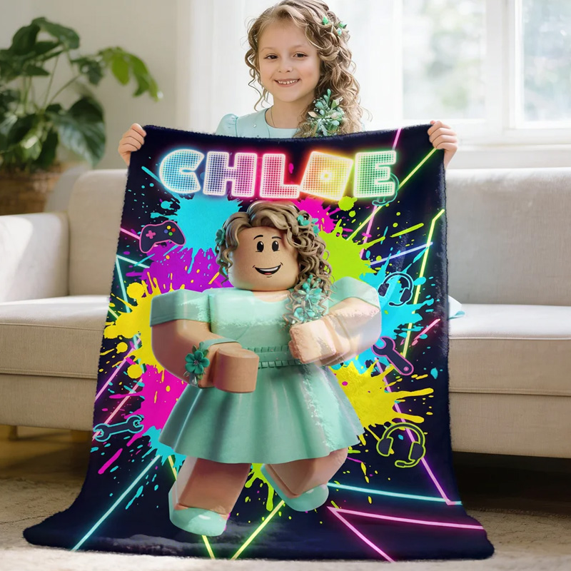 Personalized Neon Game Theme 3D Cube Style Photo Splatter Paint Soft Throw Blanket with Name Gaming Room Decor Birthday Gift for Gamer Kid