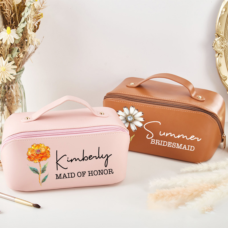 Personalized Retro Oil Painting Birth Flower with Birthstone Large Leather Cosmetic Bag Bridesmaid Gifts Bride Make Up Bag Bachelorette Party Favors
