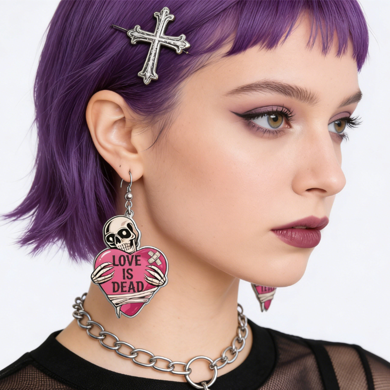 Personalized Acrylic Skull Heart Statement Earrings Dark Sweet Goth Style with Customizable Text for Edgy Fashion Fans