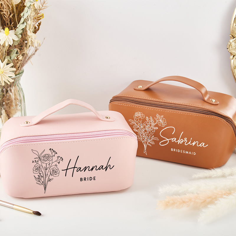 Personalized Bridesmaid Birth Flower Makeup Bag Custom Bride Wedding Cosmetic Bag Maid of Honor Toiletry Pouch Bachelorette Party Bridal Shower Gift
