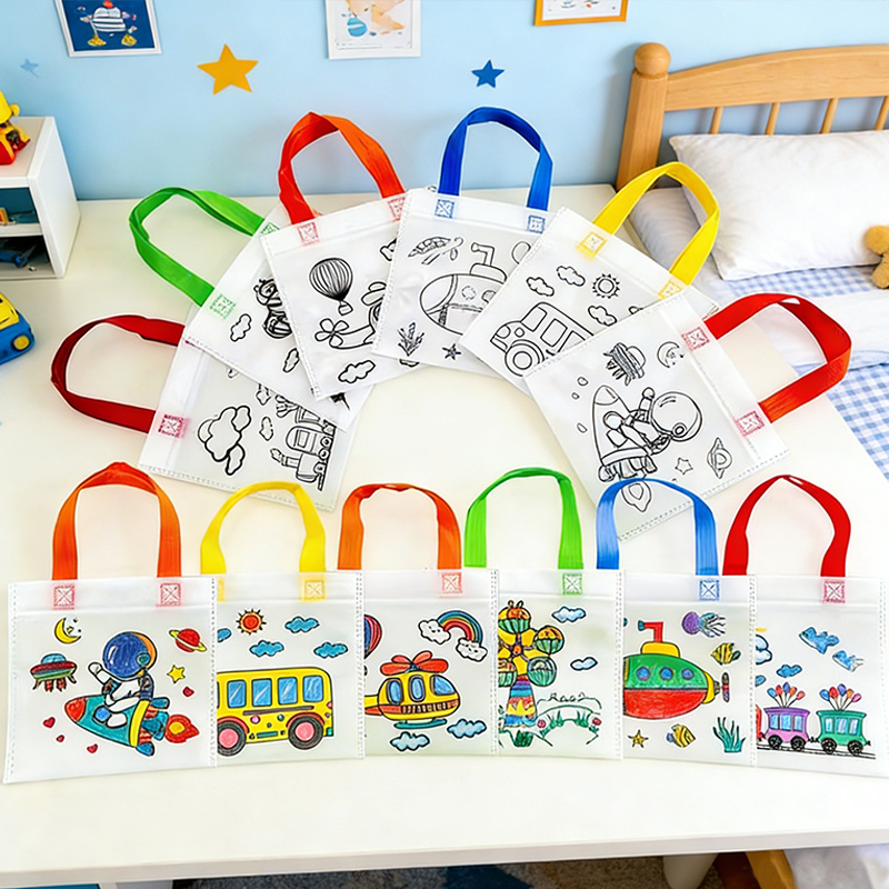 Personalized DIY Coloring Non-Woven Tote Bags 36pcs Reusable Colorful Gift for boy and girl Gift for kids Party Favors Art Party Favor Doodle Bags Handles for Shopping Storage Lightweight Construction Event Organizers