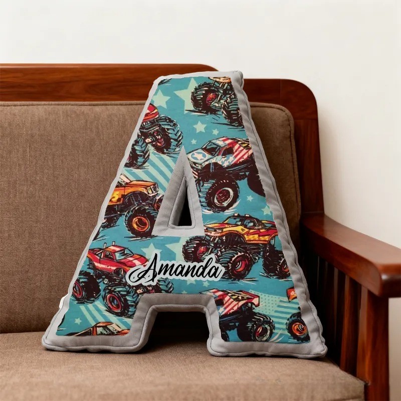Personalized Monster Truck Initial Pillow with Custom Name Gift for Truck Enthusiasts