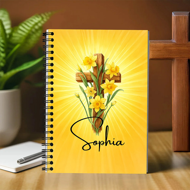 Personalized Cross Birth Flower Spiral Journal Notebook with Name Back to School Birthday Gift for Christian Student