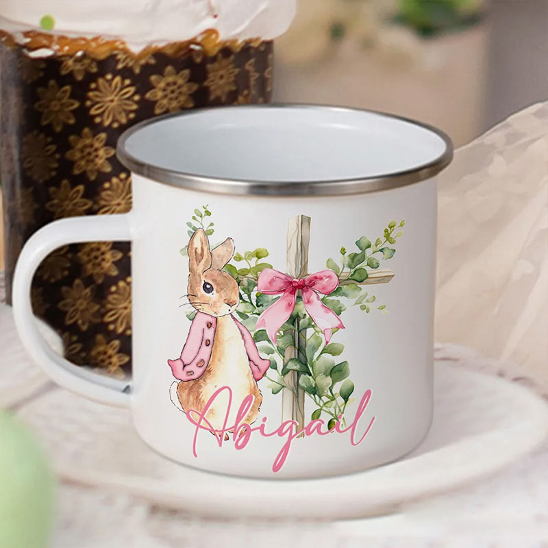 Personalized Cute Peter Rabbit Bow Cross Colored Rim Stainless Steel Enamel Mug with Name Easter Back to School Birthday Gift for Kids