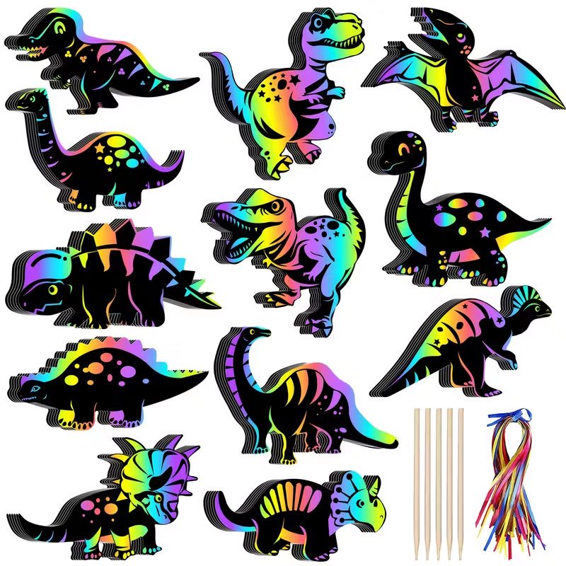 Personalized 48/24pcs Rainbow Dinosaur Scratch Art Set  Dinosaur Party and Room Decor Classroom Craft Birthday Party Supplies Gift for boy and girl Gift for kids Party Favors Event Organizers 