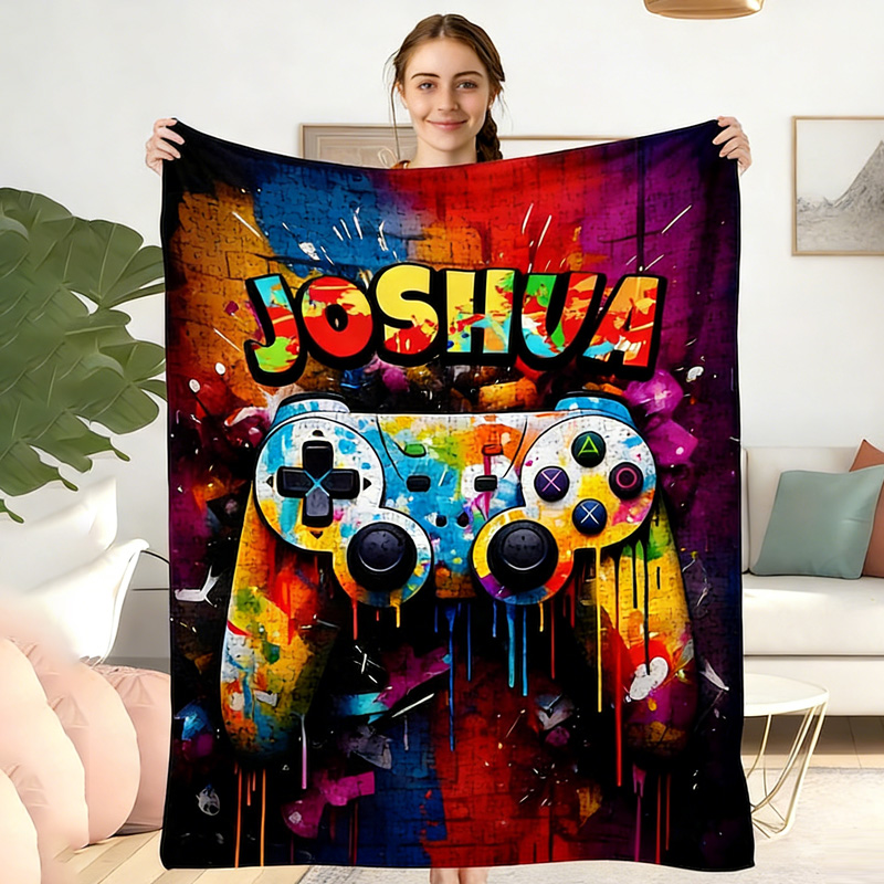 Personalized Gaming Theme 3D Cube Style Splatter Paint Soft Throw Blanket with Name Gaming Room Decor Birthday Gift for Gamer Kid