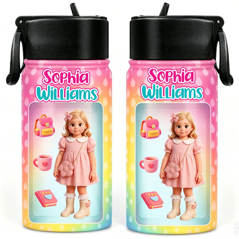 Personalized Rainbow Kids Water Bottle Custom Name Photo Thermos Cup Cute Cartoon Style Gift For Girls Design