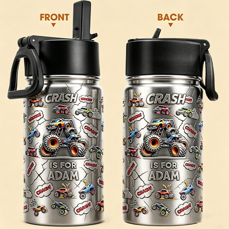 Personalized Monster Truck Crash Kids Water Bottle with Custom Name and Faux 3D Bubble Effect Off Road Cars Design for Boys
