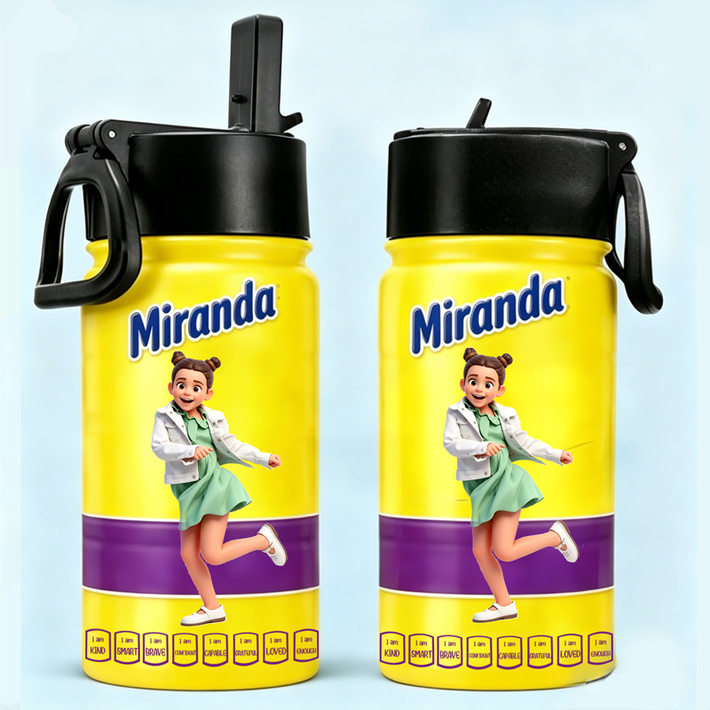 Personalized Drinks Yellow Purple Cartoon Girl Kids Water Bottle