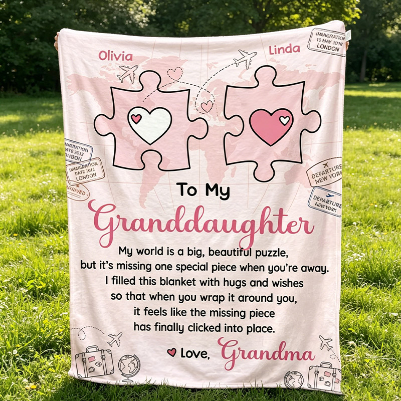 Personalized To My Granddaughter Puzzle Piece Blanket Custom Long‑Distance Gift with Map and Heartfelt Message