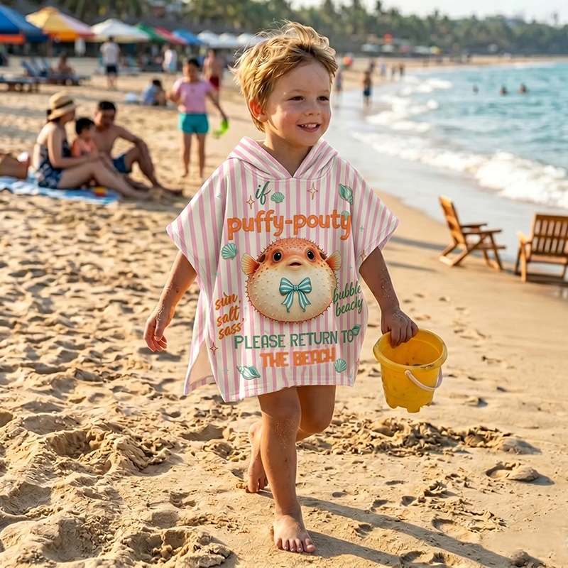 Personalized Kids Beach Poncho Towe Puffy‑Pouty Puffer Fish Design Custom Name Hooded Cover-Up