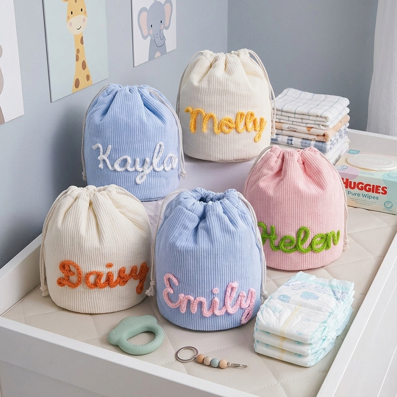 Personalized Seersucker Nursery Storage Basket Name Embroidered Baby Room Organizer Toys Wipes Caddy Makeup Bag Diaper Bag