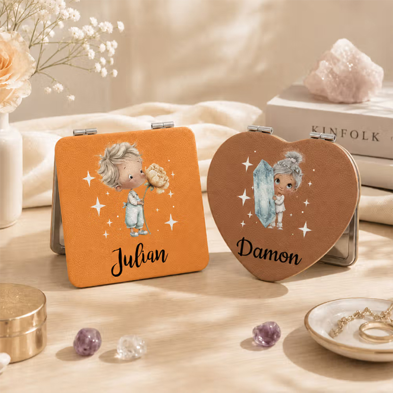 Personalized Birthstone Birth Flower Cartoon Girl Compact Heart Round Square Makeup Mirror with Name Portable Birthday Wedding Party Gift for Women