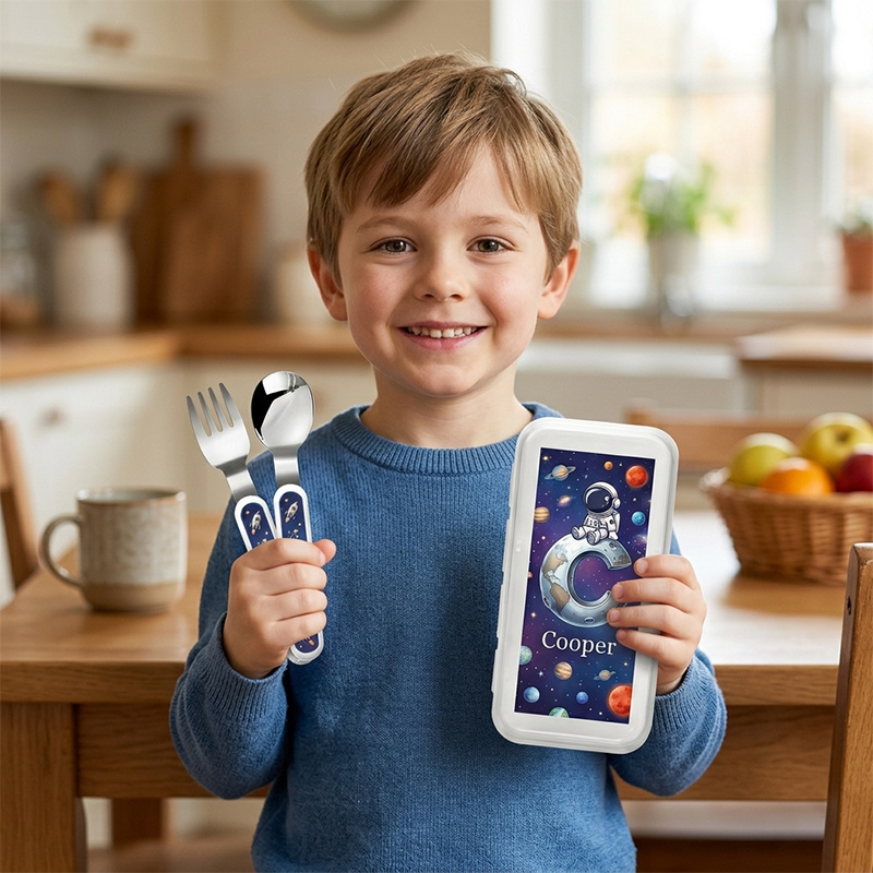 Personalized Kids Space Cutlery Set with Case Astronaut Rocket Fork Spoon Knife 3 Pcs Cutlery Set with Name and Case
