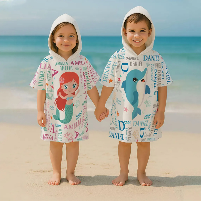 Personalized Cute And Beachy Custom Name Quick Dry Hooded Beach Towel with Name Beach Pool Essentials Birthday Gift for Kids Summer Pool Party Gift Baby Vacation Swim Poncho