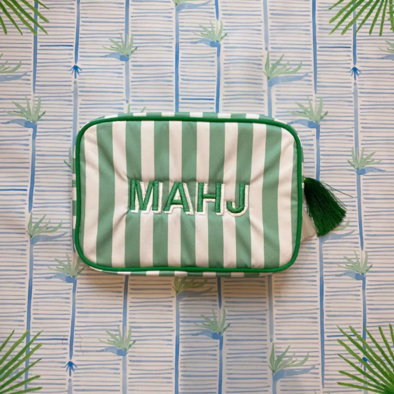 Personalized Mahjong Tile Striped Bag with Tassel Zipper Canvas Pouch Mahjong Lover Gift