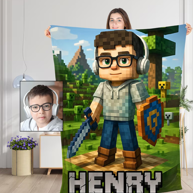 Personalized Pixel Style with Face Name Theme 3D Cube Style Splatter Paint Soft Throw Blanket with Name Gaming Room Decor Birthday Gift for Gamer Kid