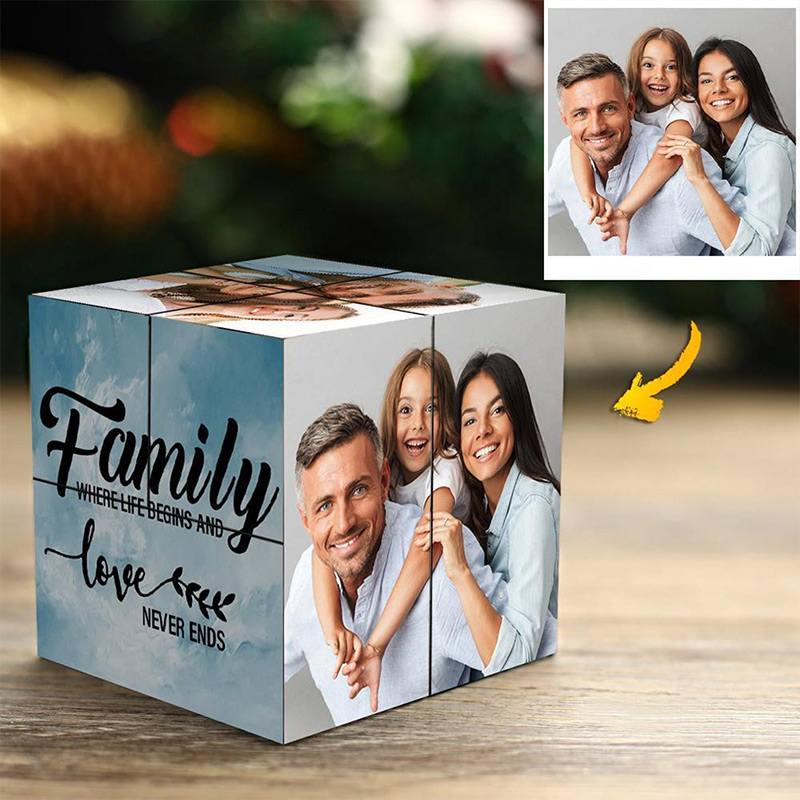 Personalized Photo Cube Puzzle Custom Wood Keepsake for Family Multi Photo Folding Cube