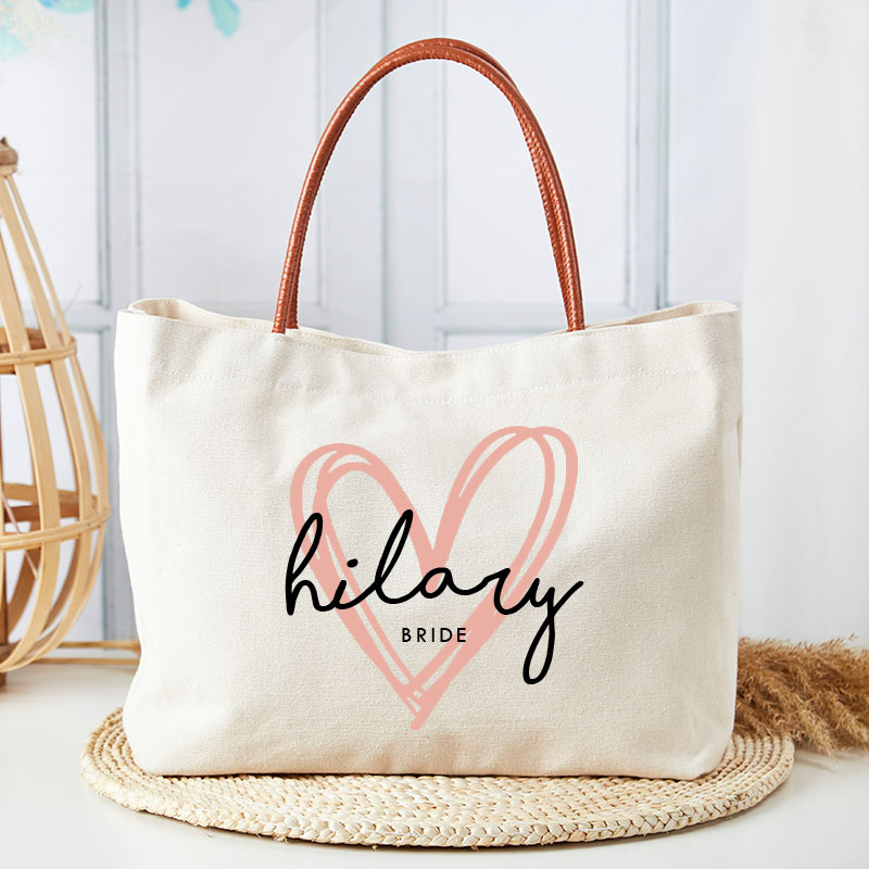 Personalized Bridesmaid Pink Heart Tote Bag with Name Bride Tote Bridal Party Gift