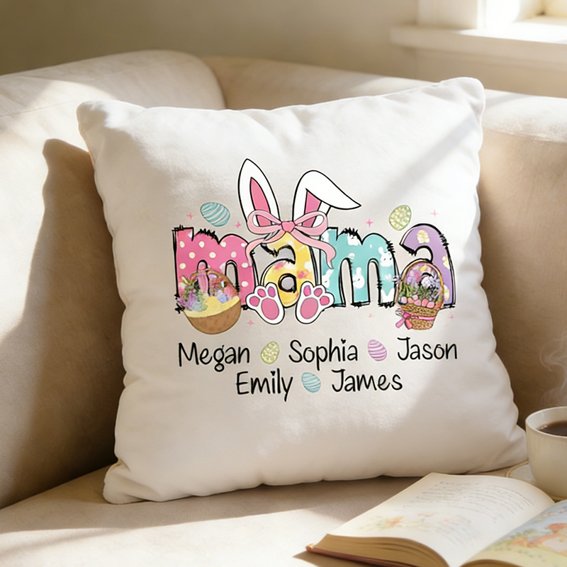 Personalized Mama Easter Pillow with Kids Names Custom Double Side Bunny Pillow Easter Gift for Mom Kids