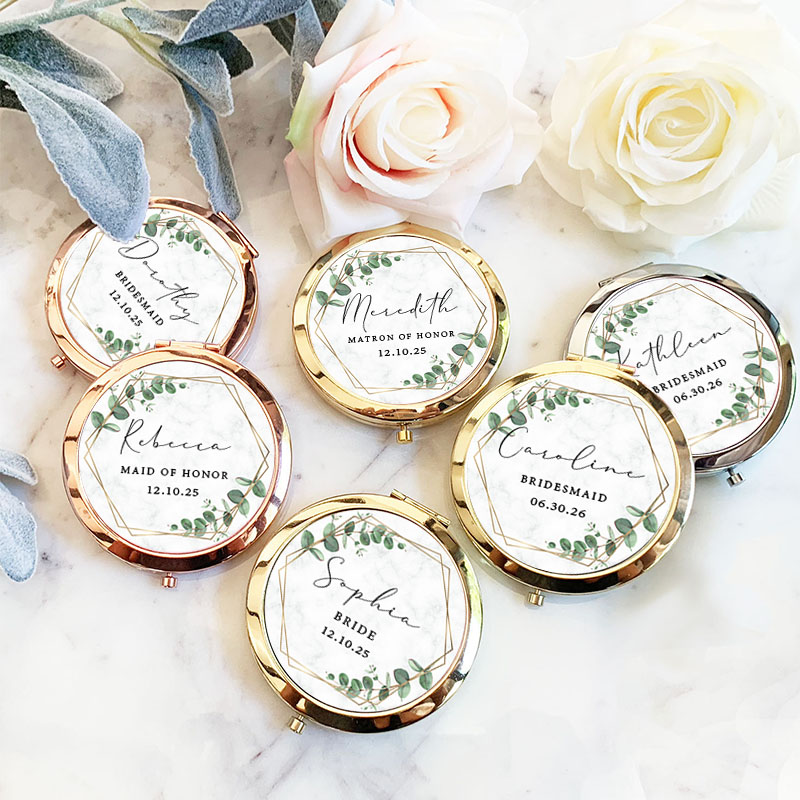 Personalized Maid of Honor Eucalyptus and Geometric Wreath Mirror Bride Compact Mirror Bachelorette Party Gift