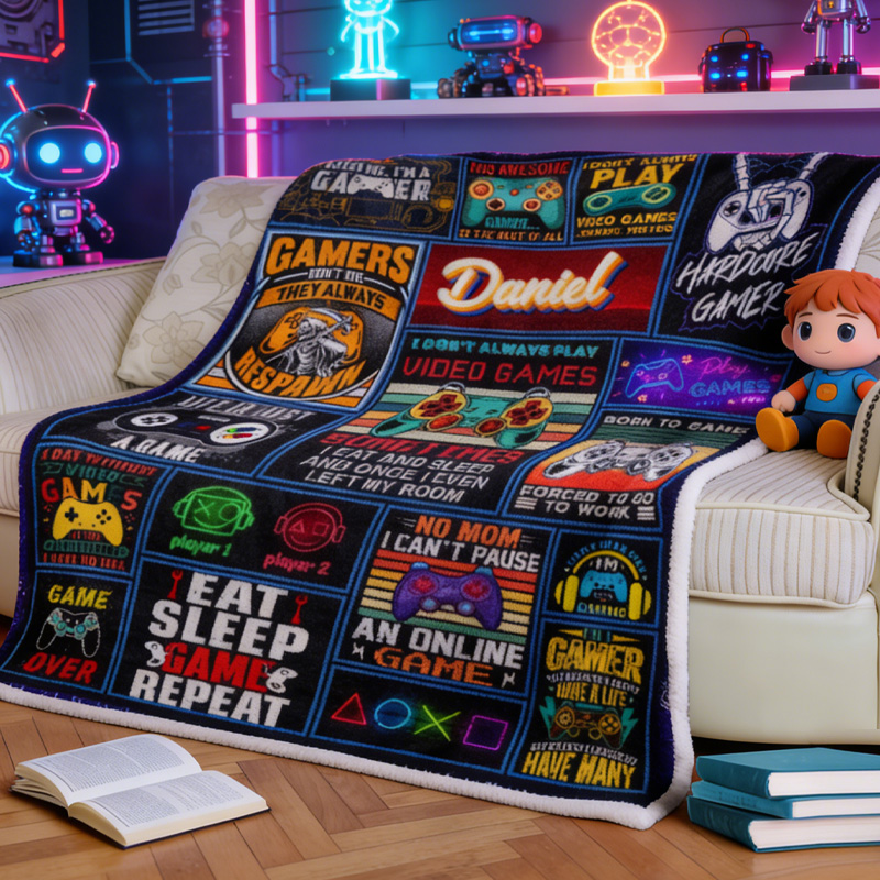 Personalized Gaming Blanket for Boys Gamers with Name Throw Blanket for Game Lovers Geek Lover