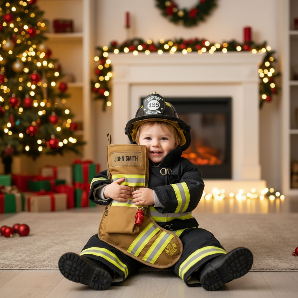 Personalized Firefighter Quilted Christmas Stocking with Reflective Stripes and Accessories