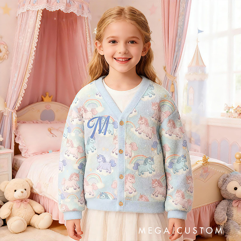 Personalized Rainbow Unicorn Dreamland Theme Kids Cardigan with Custom Initial