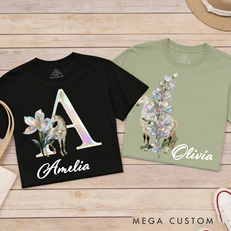 Personalized Horse Riding Birth Flower Initial Name Classic T-shirt for Women for Girls for Horse Lovers Riding Lovers Equestrian Lovers