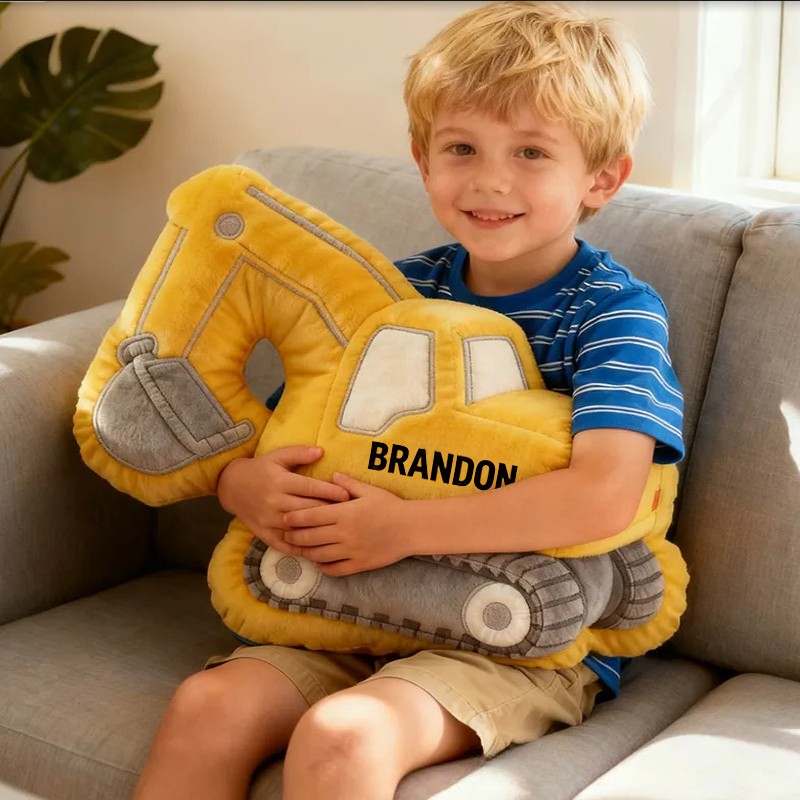  Personalized 3D Construction Excavator Plush Pillow With Your Own Name Soft Stuffed Toy for Kids Unique Decorative Cushion for Boys’ Room and Playroom