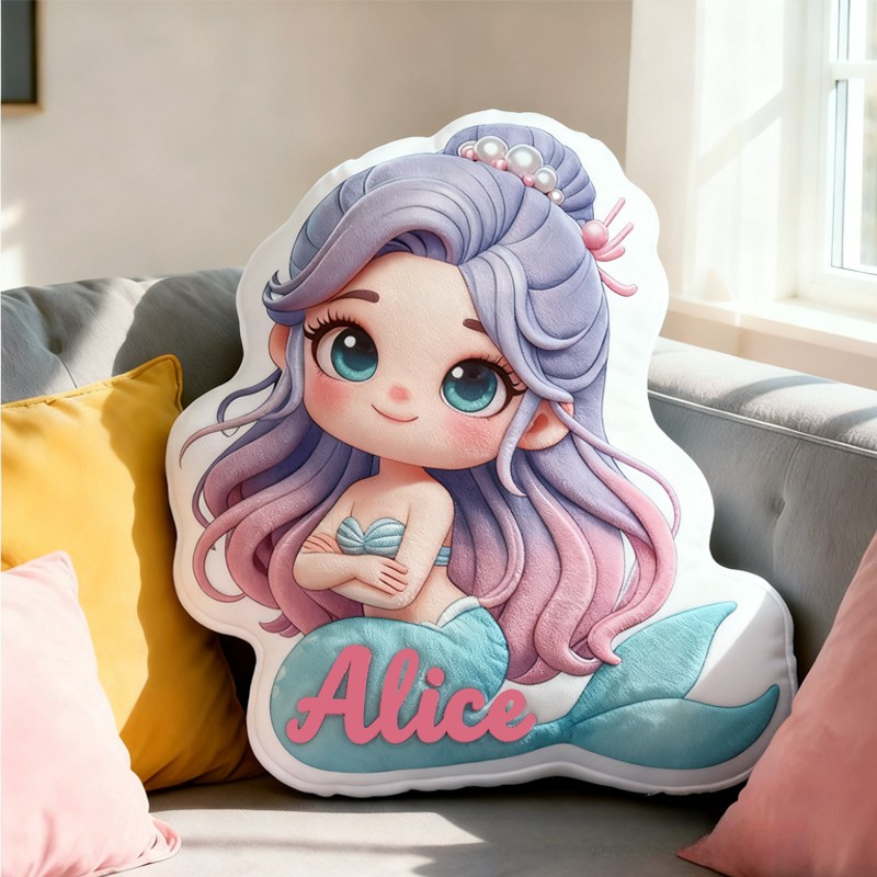 Personalized Cute 3D Cartoon Fantasy Mermaid with Name Pillow Christmas Gift for Kids Family