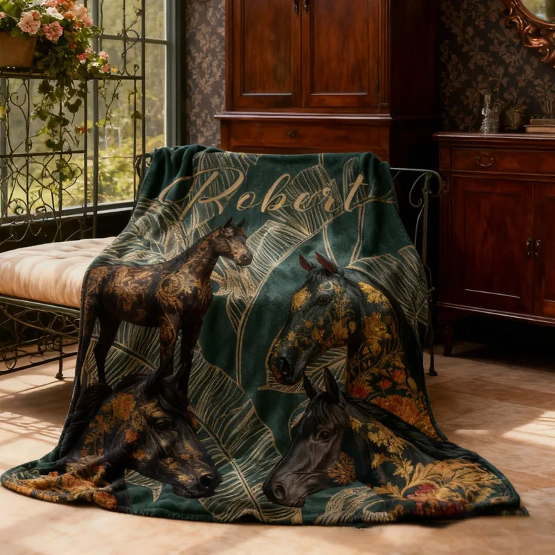Personalized Riding Golden Leaves Blanket Equestrian Horse Custom Name Festive Flower Decor with French Countryside Gifts Family Blanket for Riding Lovers Equestrian Lovers