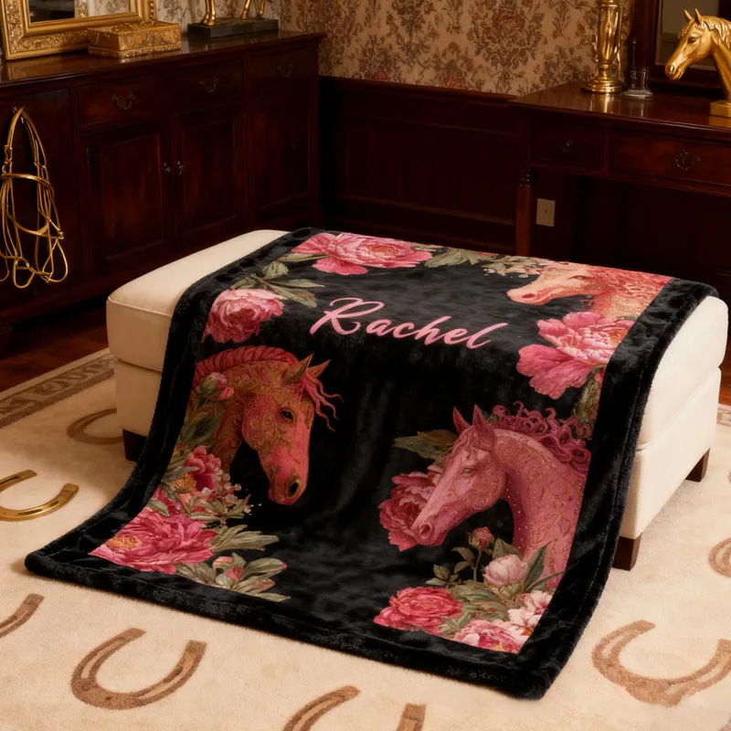 Personalized Riding Floral Blanket Equestrian Horse Custom Name Festive Flower Decor with French Countryside Gifts Family Blanket for Riding Lovers Equestrian Lovers