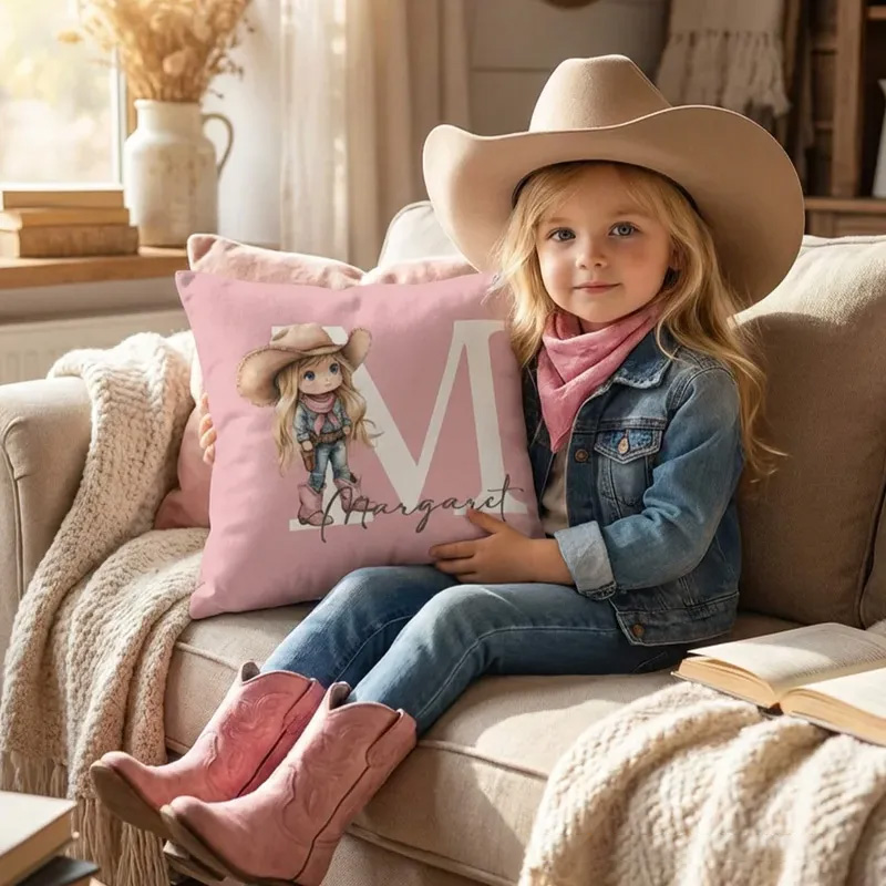 Personalized Initials Letter Throw Pillow Cartoon Cowboy Cowgirl Soft Throw Pillow Cover with Name and Initial Home Decor Birthday Gift for Boys Girls Horse Owner Lover Riding Lovers Equestrian Lovers