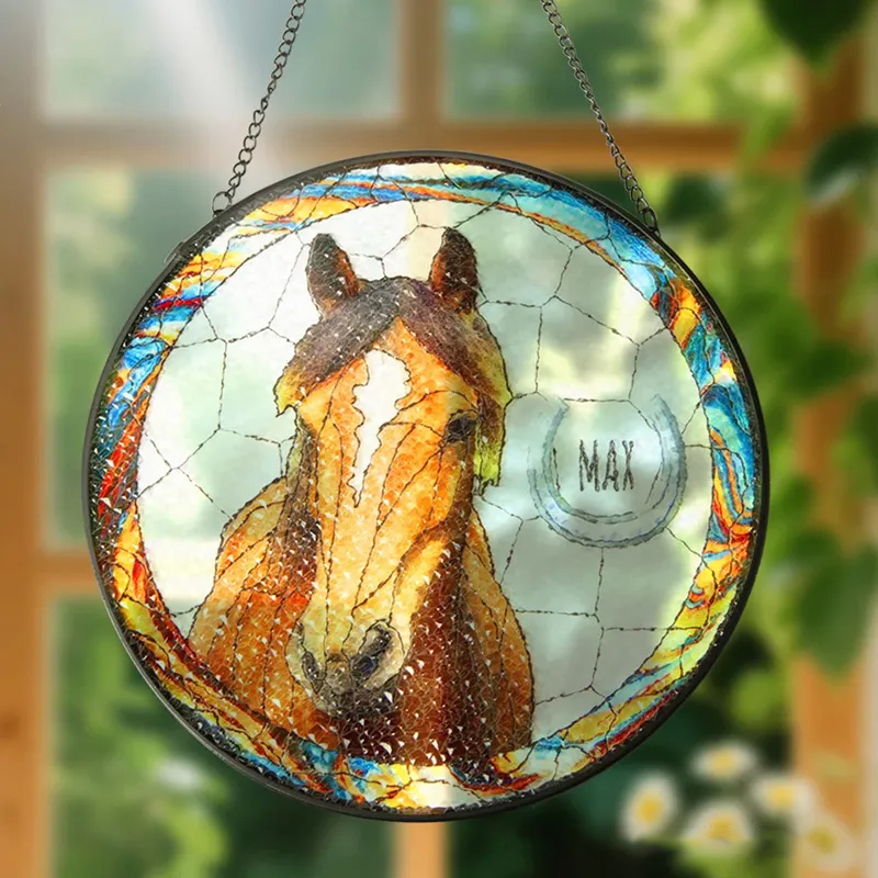 Personalized Stained Glass Horse Photo Suncatcher Ornament with Name Window Balcony Hanging Decor Birthday Gift for Horse Riding Lovers