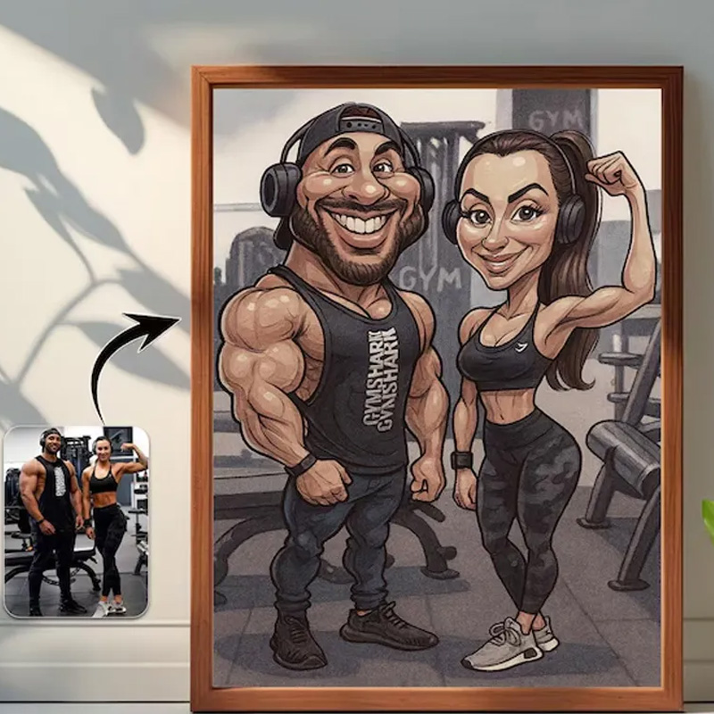 Personalized Gym Lover Couple Portrait Fitness Gifts Cartoon Weightlifter Portrait Bodybuilding Poster Fitness Gym Weightlifting Gym Gift ideas for Gym Lovers