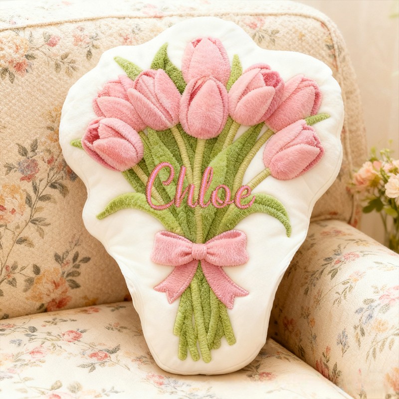 Personalized Pink Tulip Bouquet Custom Name Soft Decorative Gift Floral Spring Style Cozy Home Garden Fresh Lovely Elegant Bloom Magic Graphic 3D Print Pillow