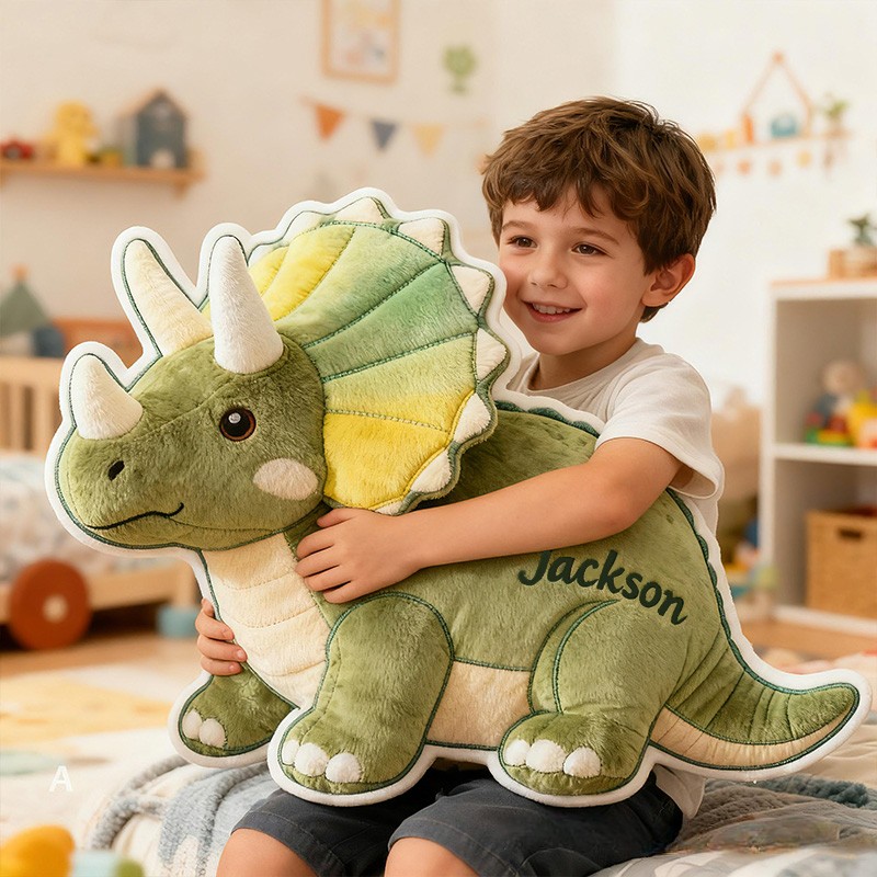 Personalized Triceratops Dinosaur Custom Name Soft Decorative Gift Adventure Style Cozy Kids Room Green Cute Prehistoric Fun Playful Graphic 3D Print Pillow
