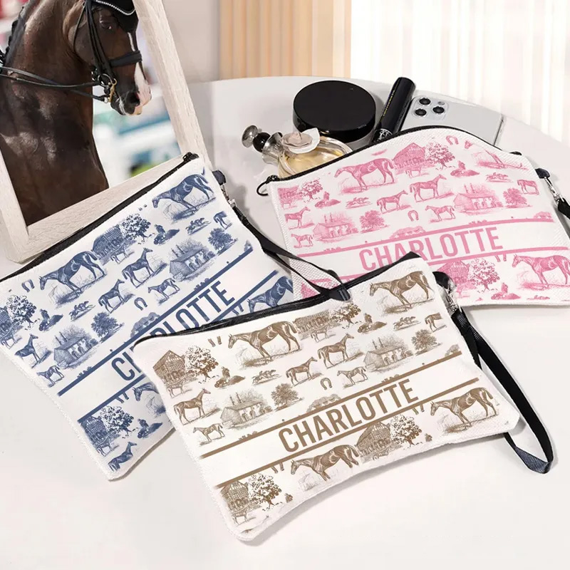 Personalized Equestrian Pattern Linen Makeup Bag with Name Birthday Gift for Women Riding Lovers