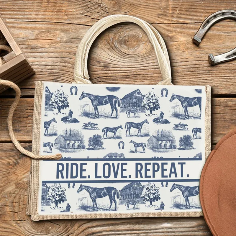 Personalized Vintage Floral Horse Reuseable Jute Tote Bag with Name Birthday Christmas Gift for Riding Lovers Equestrian Lovers