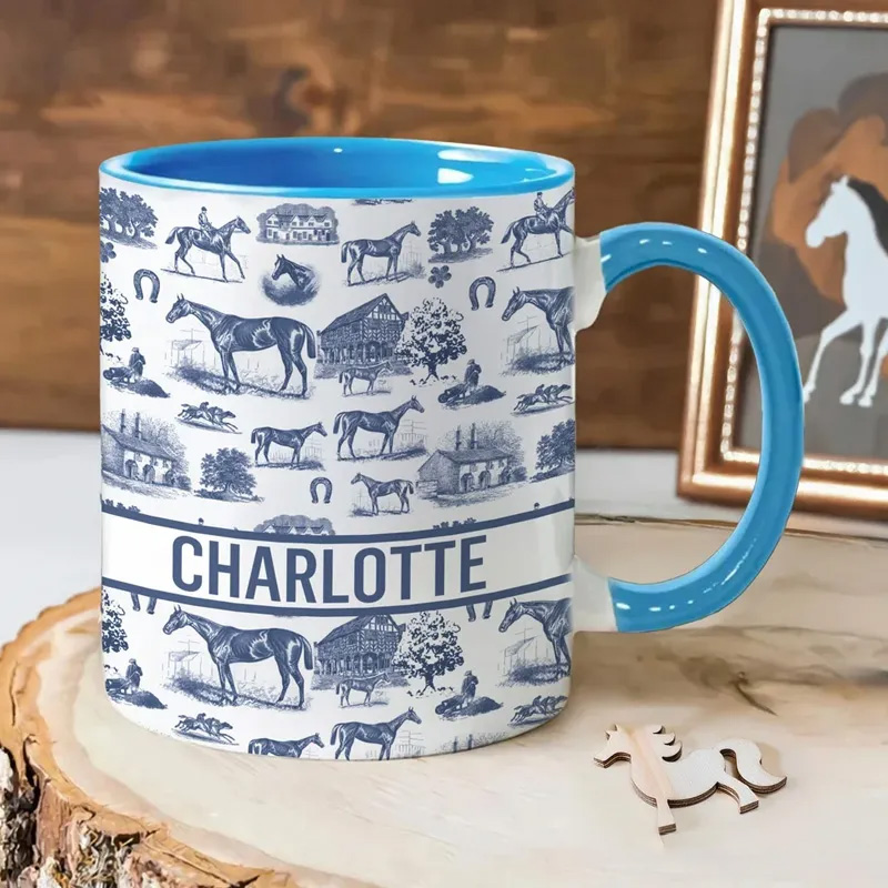Personalized Multicolor Equestrianism Pattern Ceramic Coffee Mug with Text and Coaster Anniversary Birthday Gift for Equestrians Cowgirls Riding Lovers