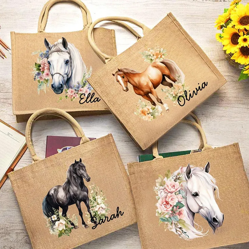 Personalized Floral Horse Reuseable Jute Tote Bag with Name Birthday Christmas Gift for Riding Lovers Equestrian Lovers