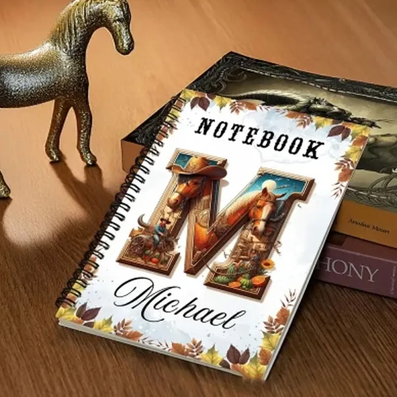 Personalized Initial Name Western Style Spiral Notebook Softcover Lined Notebook Country Rustic Journal Gift for Cowboys Riding Lovers Equestrian Lovers