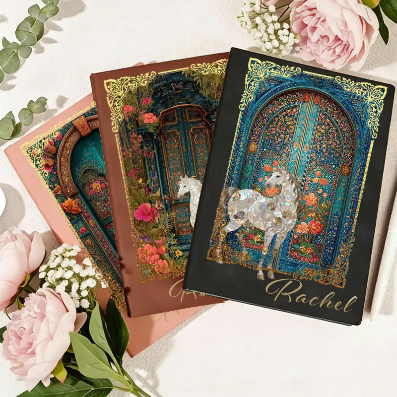 Personalized PU Leather Notebook with Riding Floral Blanket Vintage Garden Gate Floral Horse Custom Name Birthday Gift for Horse Lovers Riding Lovers Equestrian Lovers