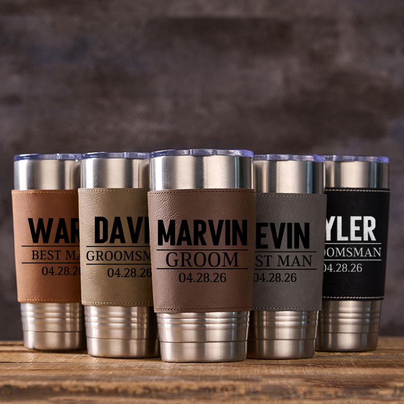 Personalized Groomsmen Gifts 20oz Leather Tumbler Engraved Leather Sleeve Coffee Mug for Groom Best Man Gift Bachelor Party Gift Tumbler
