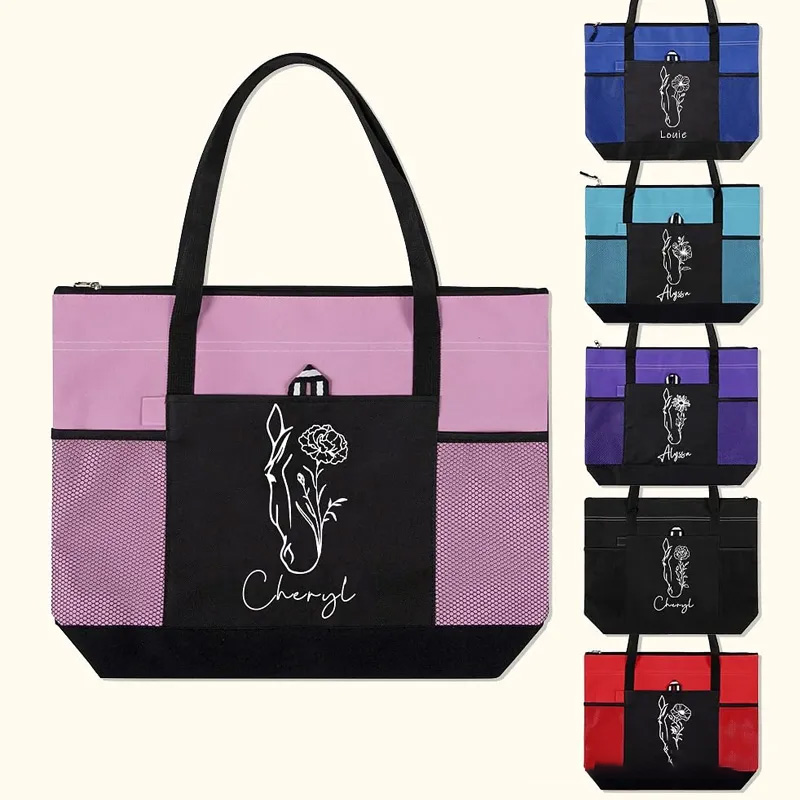 Personalized Horse Birth Flower Oxford Large Tote Bag with Name Travel Essentials Birthday Gift for Riding Lovers
