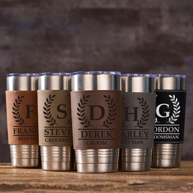 Personalized Engraved Groomsmen Tumbler 20oz Groomsman Tumbler with Leather Sleeve Men’s Coffee Mug for Groom Best Man Wedding Party Gift Tumbler